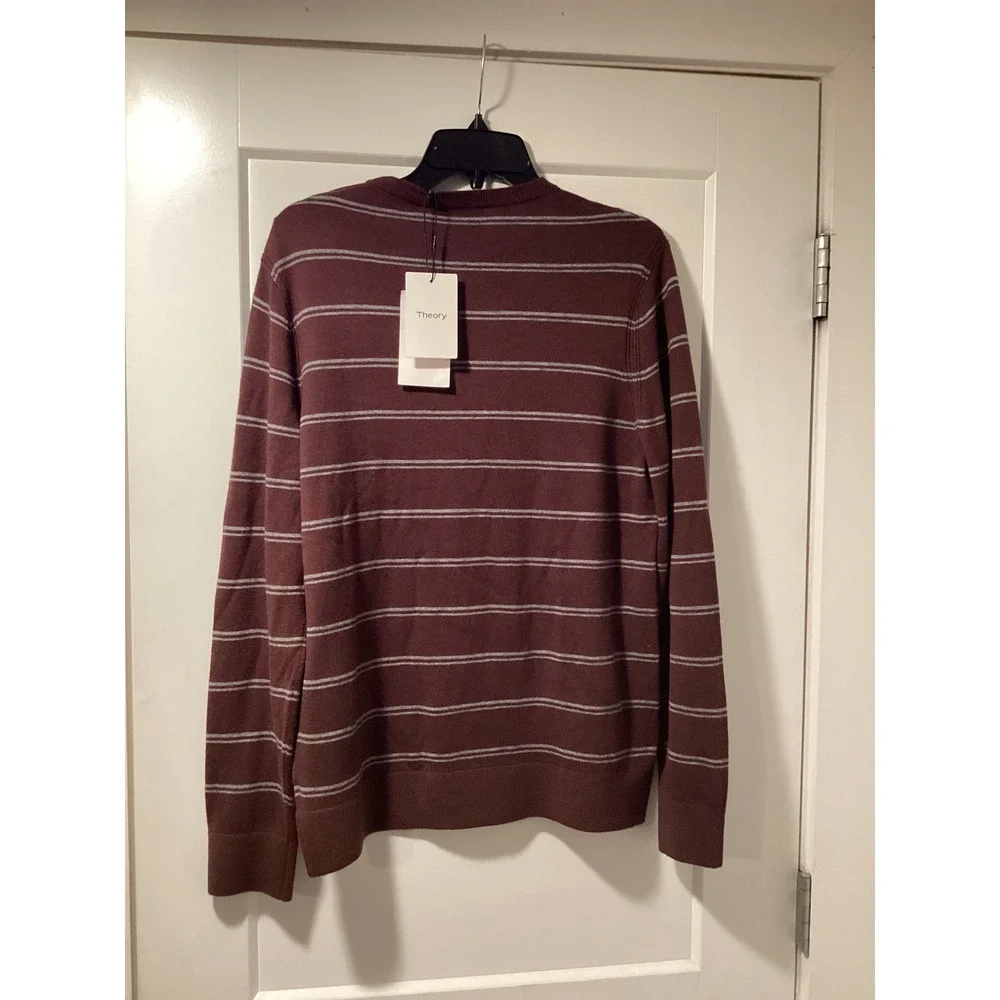 Theory Mens Riland P Harman Merino Wool Striped Crewneck Sweater Burgundy Size M